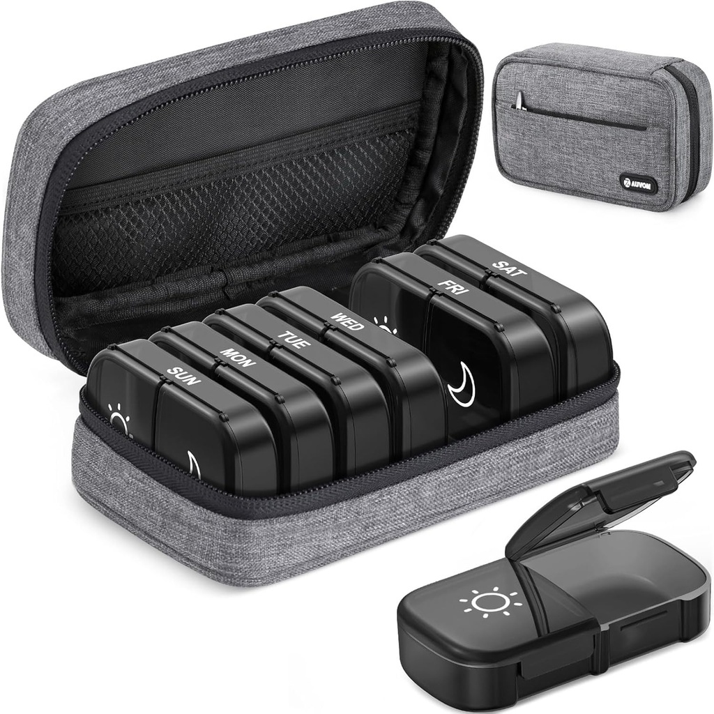 AUVON Bolsa de lona XL Organizador de comprimidos semanal 2 vezes por dia, caixa de pílulas de viagem 7 dias com abertura grande de um lado, caso de comprimido AM PM com saco de pano portátil para suplementos, vitaminas, óleo de peixe
