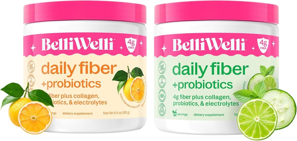 Conjunto de suplementos de fibra diária com Colágeno Adicionado, Probióticos e Eletrolíticos - Pepino Cal Menta & Laranja Yuzu Sabores Mandarin - Suporta Saúde Digestiva, Debloating & Hydration - 32 Servings Total