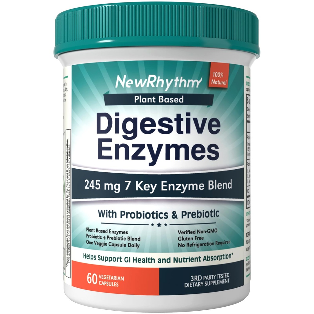 NewRhythm Digestive Enzimas 245 mg, com Probióticos e Prebióticos, Planta baseada, 7 Enzimas-chave, Digestão, Absorção de nutrientes, Protease Amylase & Lipase, 60 Cápsulas Vegan