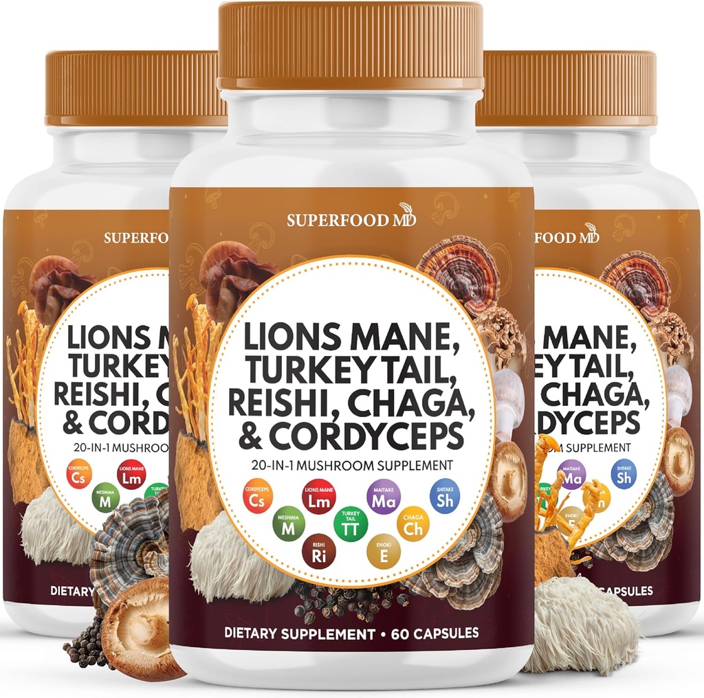 Lions Mane Mushroom Supplement with Turkey Tail Reishi Cordyceps Chaga with Marshmallow Root - 180 Conde