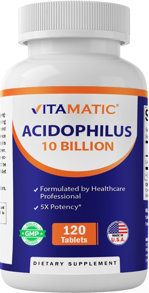 Vitamatic Acidophilus Probiótico - 10 bilhões UFC - 5X Potência - Suplemento Probiótico Diário, Suporta Saúde Digestiva - 120 comprimidos