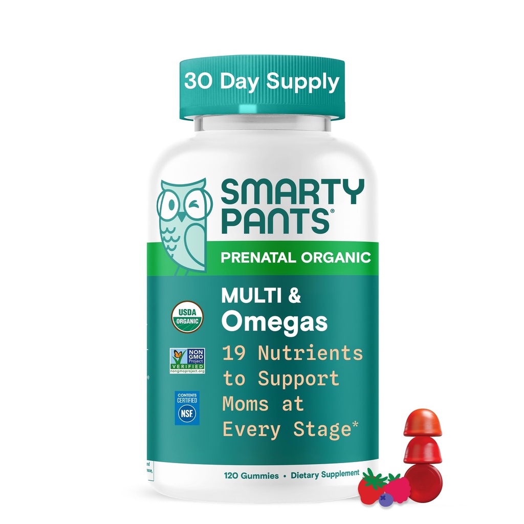 SmartyPants Vitaminas pré-natais orgânicas para mulheres, gomas multivitaminas: Biotina, metilfolato, Omega 3 (ALA), Vitamina D3, C, Vitamina B12, B6, A, K2 & Zinco, Colina, Vegetariana, 120 contagem (30 dias de fornecimento)
