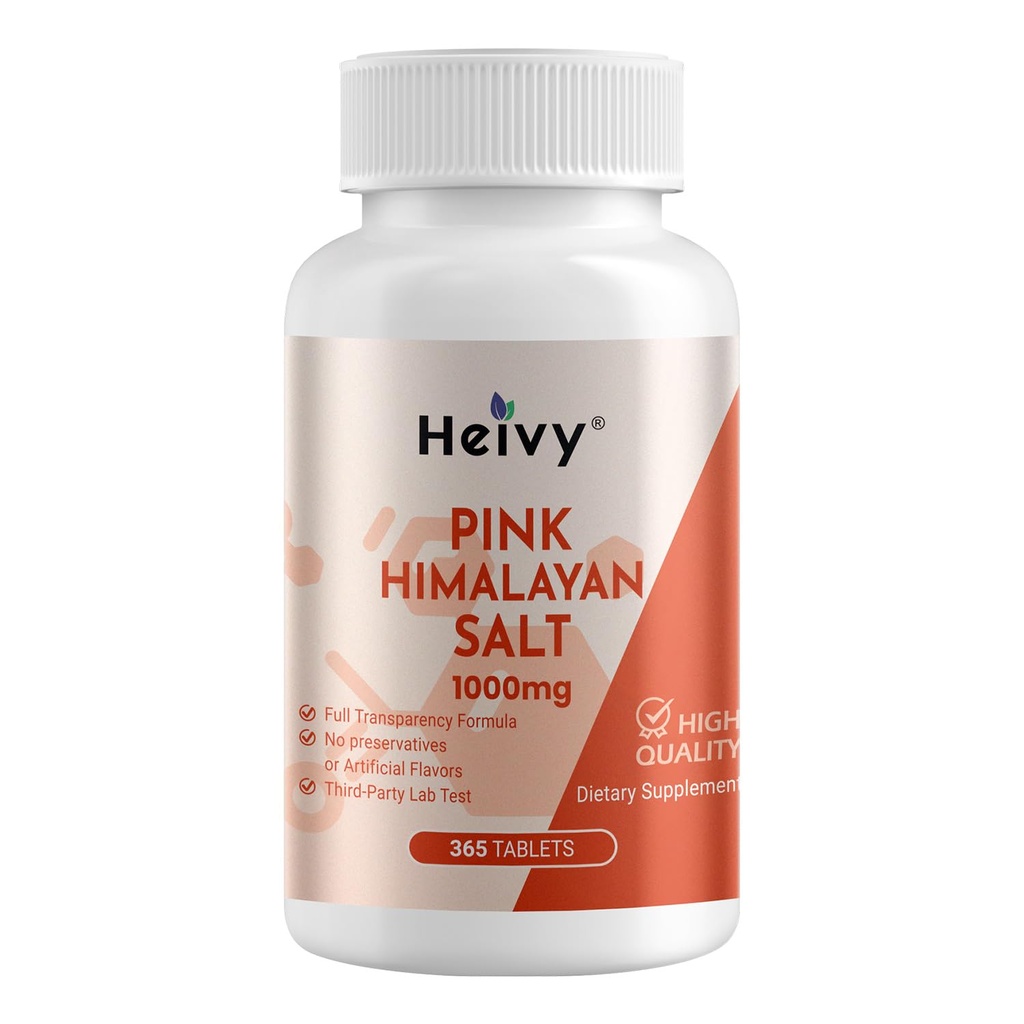 Heivy Pink Himalayan Salt Tablets 1000mg - Cloreto de sódio 988mg, Não-GMO, Minerais-Rich Equilíbrio e Hidratação, 365 Salt Tablets-Eectrolyte Supplement
