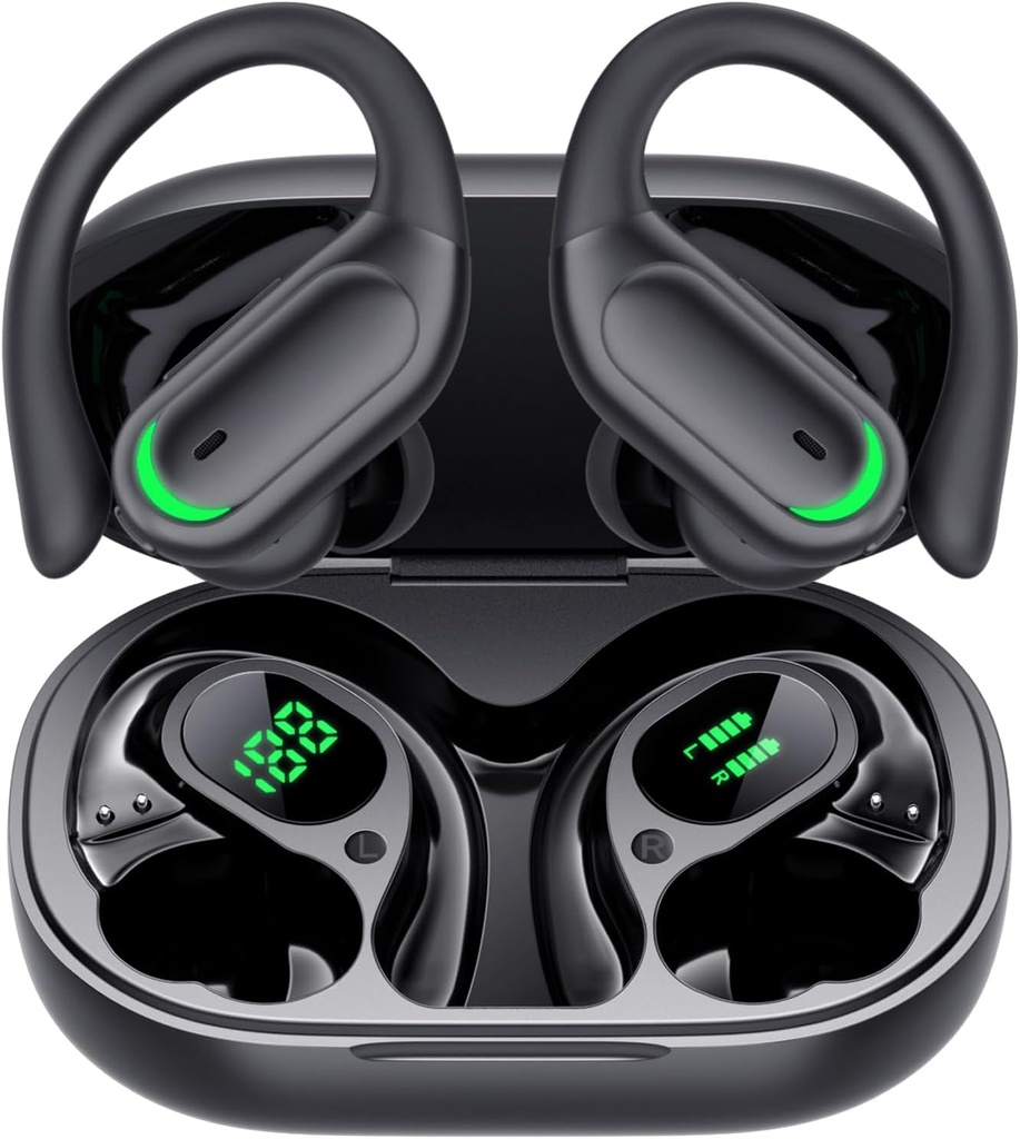 Earbuds sem fio Bluetooth 5.4 Auscultadores, 96hrs Playtime, Caixa de carregamento sem fio LED Display, Over Ear Headers, ENC cancelamento de ruído, som Hi-Fi, IP7 impermeável, para treinos desportivos (Deep Black)