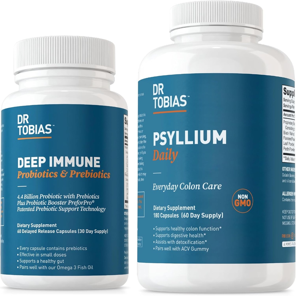 Dr. Tobias Probióticos Imune Profundo & Prebióticos e Psyllium Diário, Suporta Saúde Digestiva, Função Imune Gut, Suplemento de Fibra Diário em Apoio à Saúde Colon com 4.4. Bilhões de UFC