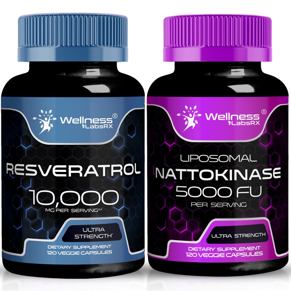 WELLNESS LABSRX Resveratrol Cápsulas 10000mg - Nattokinase Suplemento Cápsulas - 5000 FU