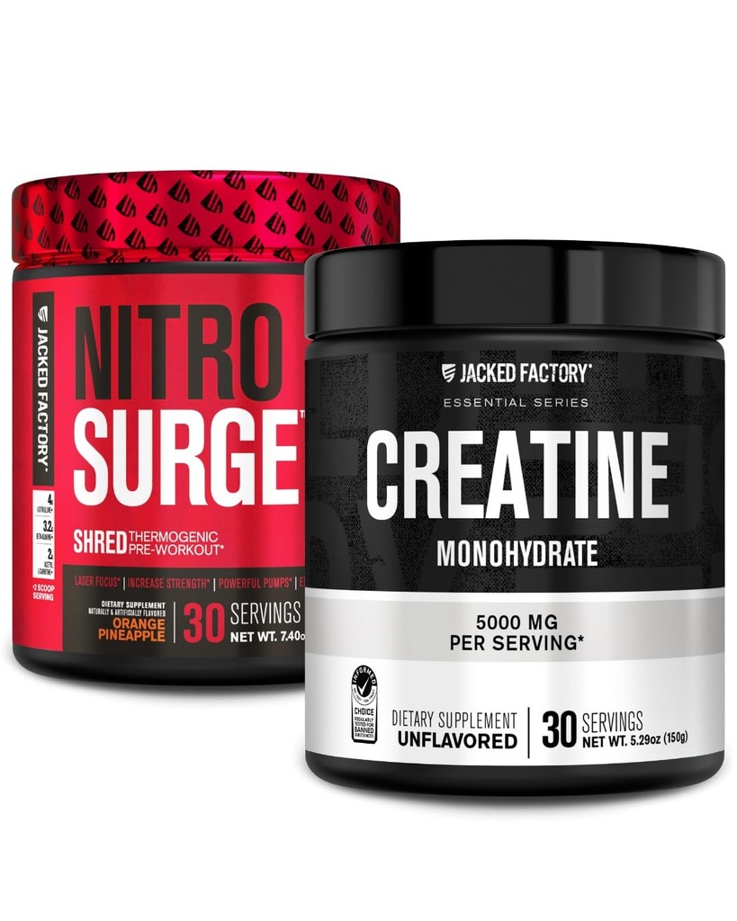 Fábrica Jacked NITROSURGE Shred Pré Treino Suplemento (abacaxi laranja, 30 Servões) & Creatina Mono-hidratado em pó (desfolhado, 30 Servões)