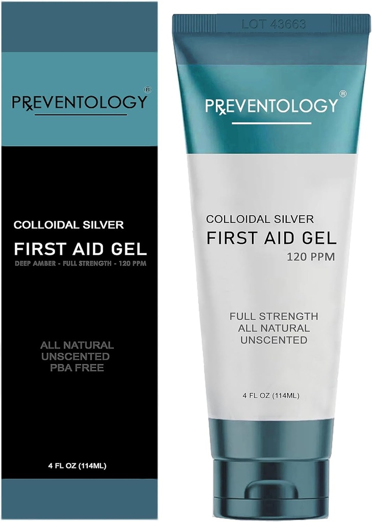 PREVENTOLOGIA Gel de prata coloidal - Full Strength Deep Amber 120 PPM para Eficácia Máxima - Uso Topicamente conforme necessário - pH Balanceado - Não perfumado - 100% Natural - (4 onças)