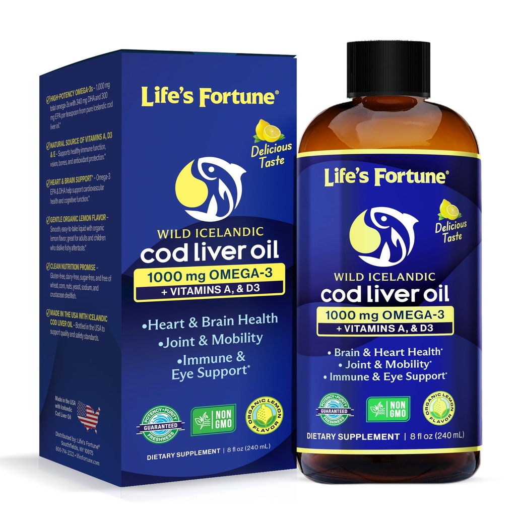 Óleo de fígado de bacalhau da fortuna da vida líquido orgânico limão sabor (8 Oz) 1.000 mg Omega + vitamina A, E & D3 - Suporta saúde imunitária - 100% suplemento de óleo de peixe de Wild Ocean Cod-GMO livre