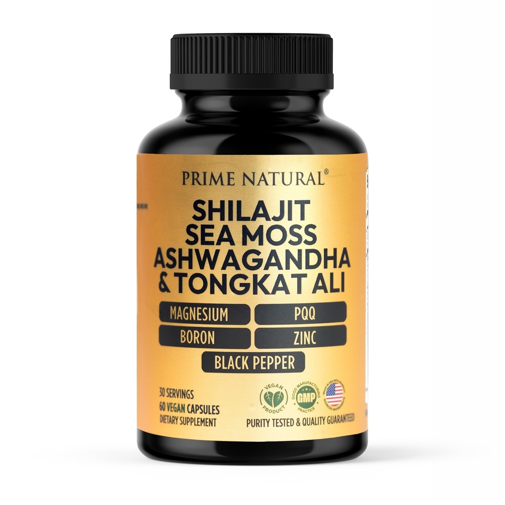 Shilajit 10.000mg, Irish Sea Moss 2000mg, Ashwagandha 3000mg, Tongkat Ali 30.000mg, Boron, Magnésio, PQQ & Mais □ 60 Cápsulas - 30 Dias de Fornecimento