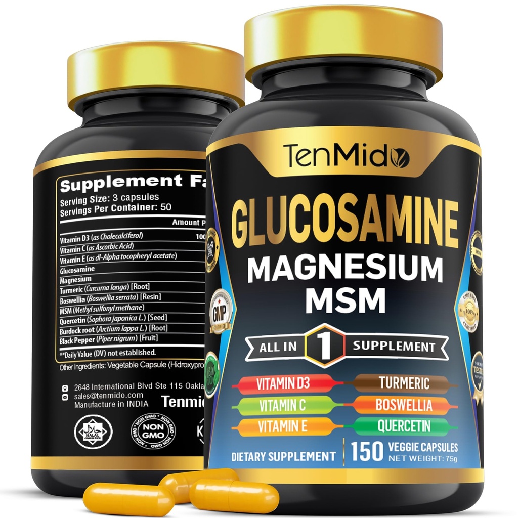 Suplemento de Glucosamina HSH para Homens e Mulheres - Fórmula 11in1 - Combine com Magnésio, Açafrão, Boswellia, Quercetin, Burdock Root, e Mais - 150 Cápsulas