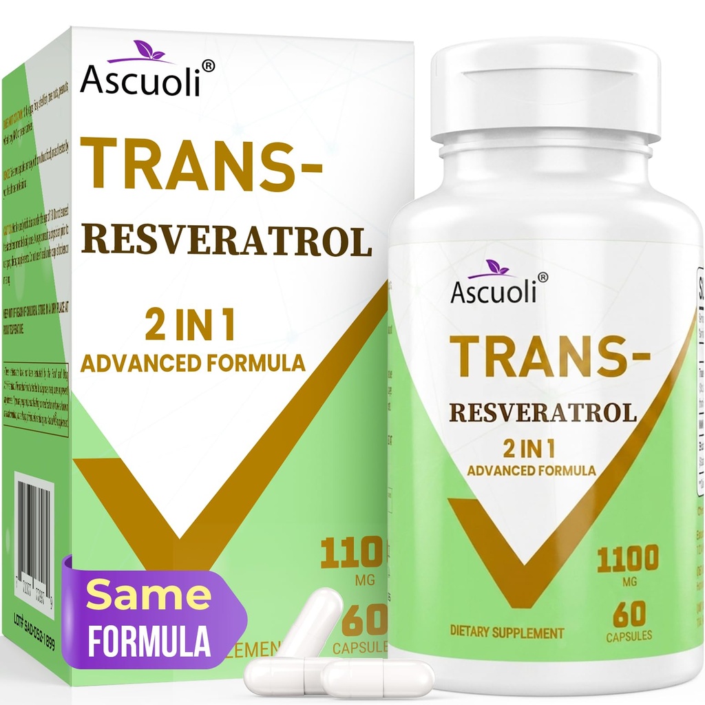 99% Ultra Pureza Trans-Resveratrol 1100mg, 3-em-1 Advanced Formula Organic Resveratrol Supplement, Max Antioxidante, Antienvelhecimento, Saúde da Pele, Reparação de Células, Boost NAD+, Imune & Energia, 60 Caps