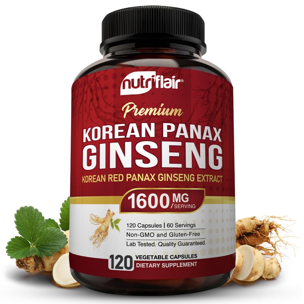 NutriFlair Coreano vermelho Panax Ginseng 1600mg – 120 Cápsulas Vegan □ 5% Ginsenosides □ Não-GMO, Gluten-Free
