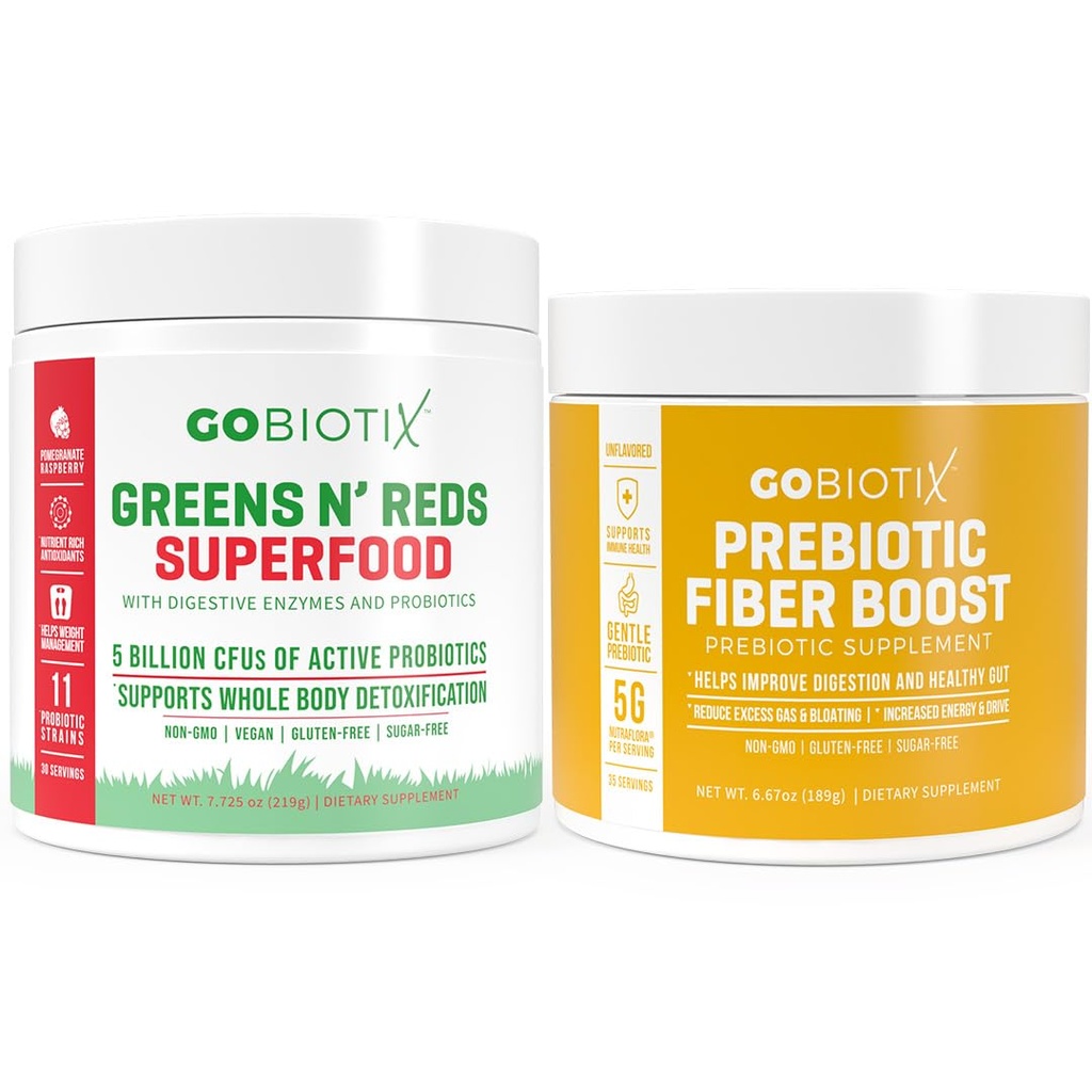 GOBIOTIX Pacote Prebiótico Suplemento de fibra + Super Verdes Pó N' Super Vermelhos Pó