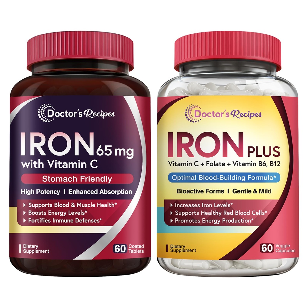 Receitas médicas Ferro 65 mg & Iron Plus Bundle, Níveis de Ferro Saudável e Suporte de Sangue, Comprimidos de Ferro 60 ct & Cápsulas de Ferro 60 ct