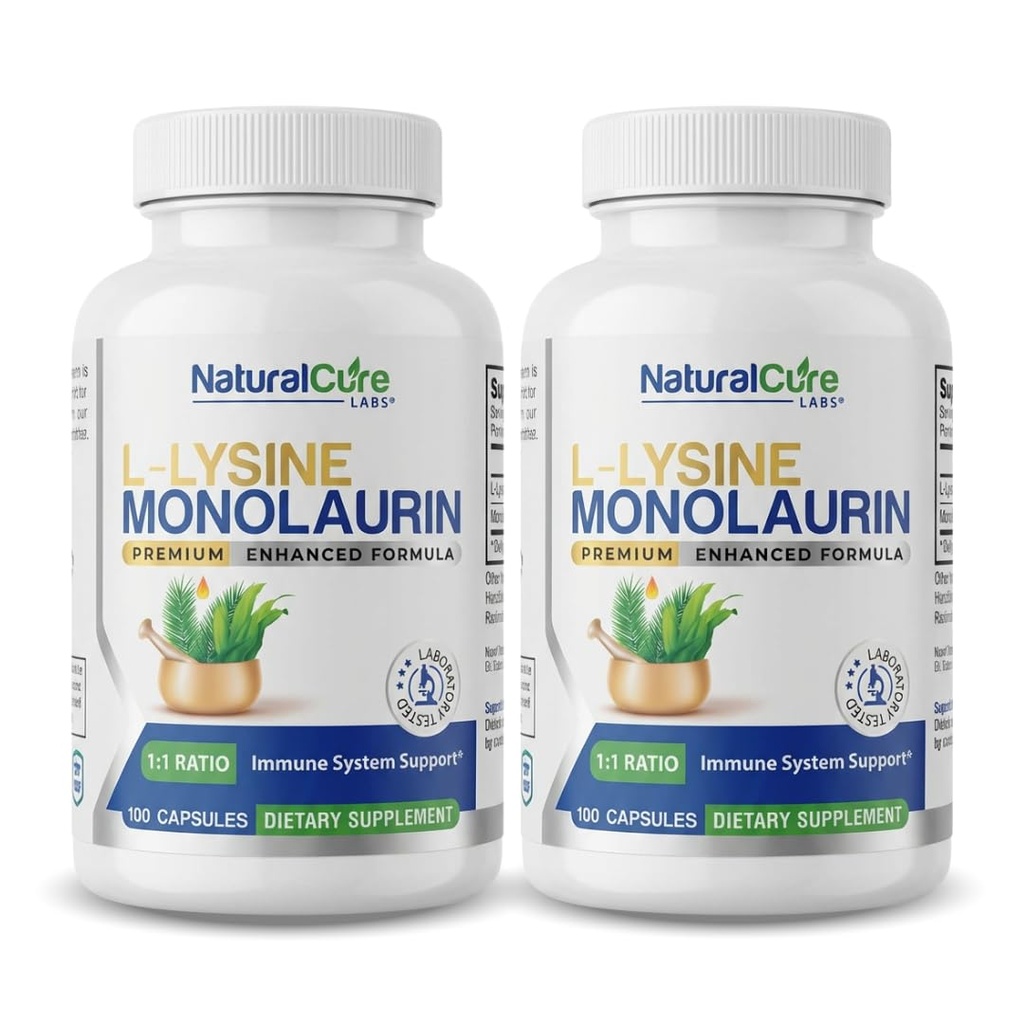 Laboratório de cura natural L-Lysina + Monolaurina 600mg 1:1 Razão, 2 Embalagem, 200 Cápsulas