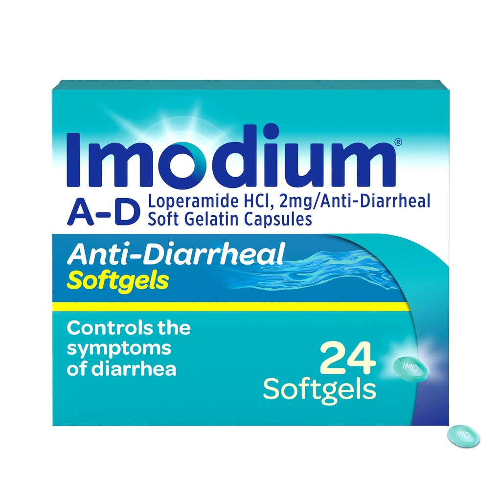 Imodium A-D Fast-Acting Anti-Diarreheal Softgels, Loperamida HCl 2 mg, Travel Essential Diarrhea Relief Medicine for Adults, 24 Count, Anti Diarhea Pills, Ages 12+, Easy to Swallow