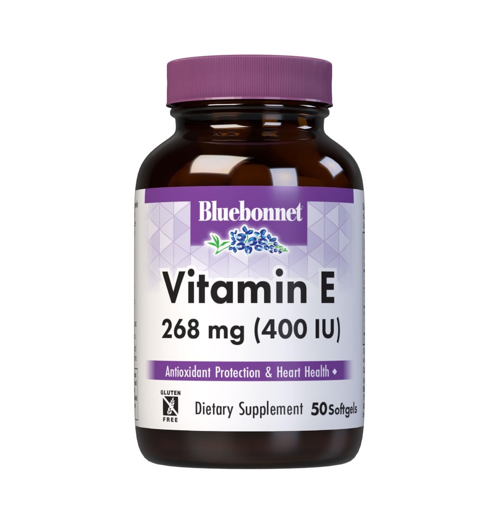 Bluebonnet Nutrition Vitamina E 400 UI (268 mg) Tocoferols mistos Softgels, Porteção Radical Livre e Suporte Cardiovascular, Livre de Glúten, Livre de Leite, 50 Softgels, 50 Servings