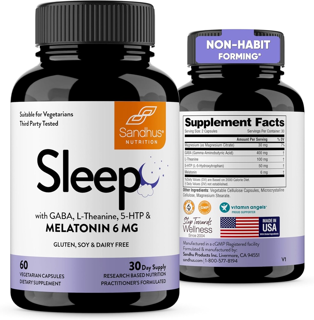 Sandhu's Sleep 60 Cápsulas – Não-Habit formando 5-em--1 suplemento de ajuda ao sono com melatonina, magnésio, GABA, L-Theanina e 5-HTP