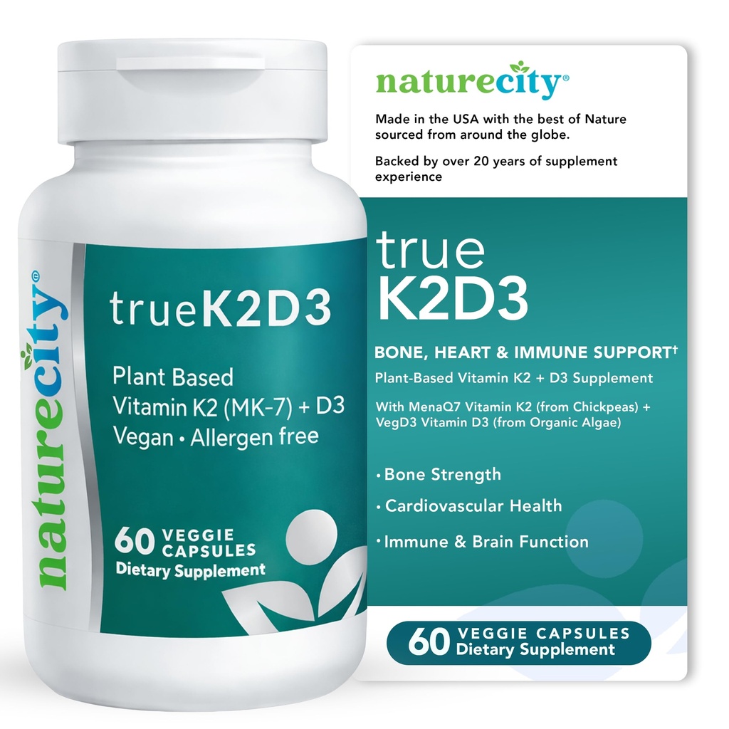 NaturezaCity TrueK2D3 Based Vitamina K2 MK7 (90 mcg) & D3 de Algas(2500 UI) 2 em 1 Suplemento de Vitamina D3 K2 para Saúde Óssea, Cardíaca e Imune – 60 Cápsulas Veggie