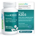 NaturezaCity TrueK2D3 Based Vitamina K2 MK7 (90 mcg) & D3 de Algas(2500 UI) 2 em 1 Suplemento de Vitamina D3 K2 para Saúde Óssea, Cardíaca e Imune – 60 Cápsulas Veggie