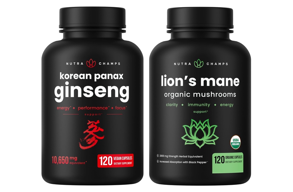 NutraChamps Coreano Ginseng Cápsulas e Lions Mane Cápsulas 2 Pacotes