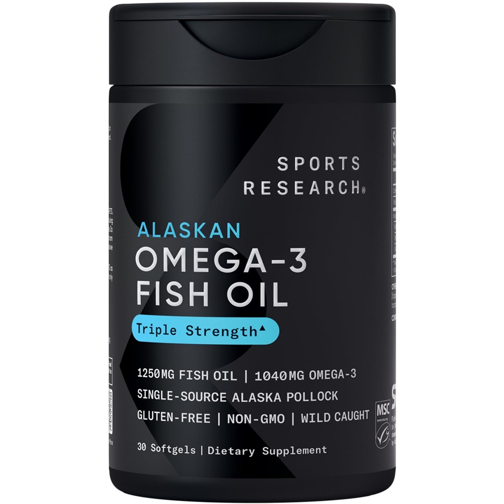 Pesquisa Esportes Triplo Força Omega 3 Fish Oil 1250mg de Wild Alaskan Pollock - Burpless Fish Oil Suplemento com Omega-3 EPA & DHA - Sustentável Fonte, Não-GMO, Gluten Free - 30 Softgels