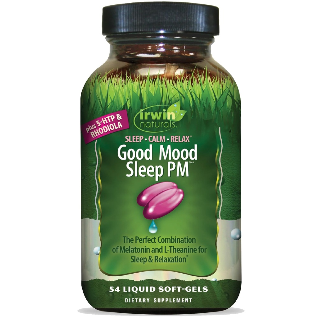 Irwin Naturals Good Mood Sleep PM - 54 Liquid Soft-Gels - com Melatonina e L-Theanina para descanso e relaxamento - 18 Total Servings