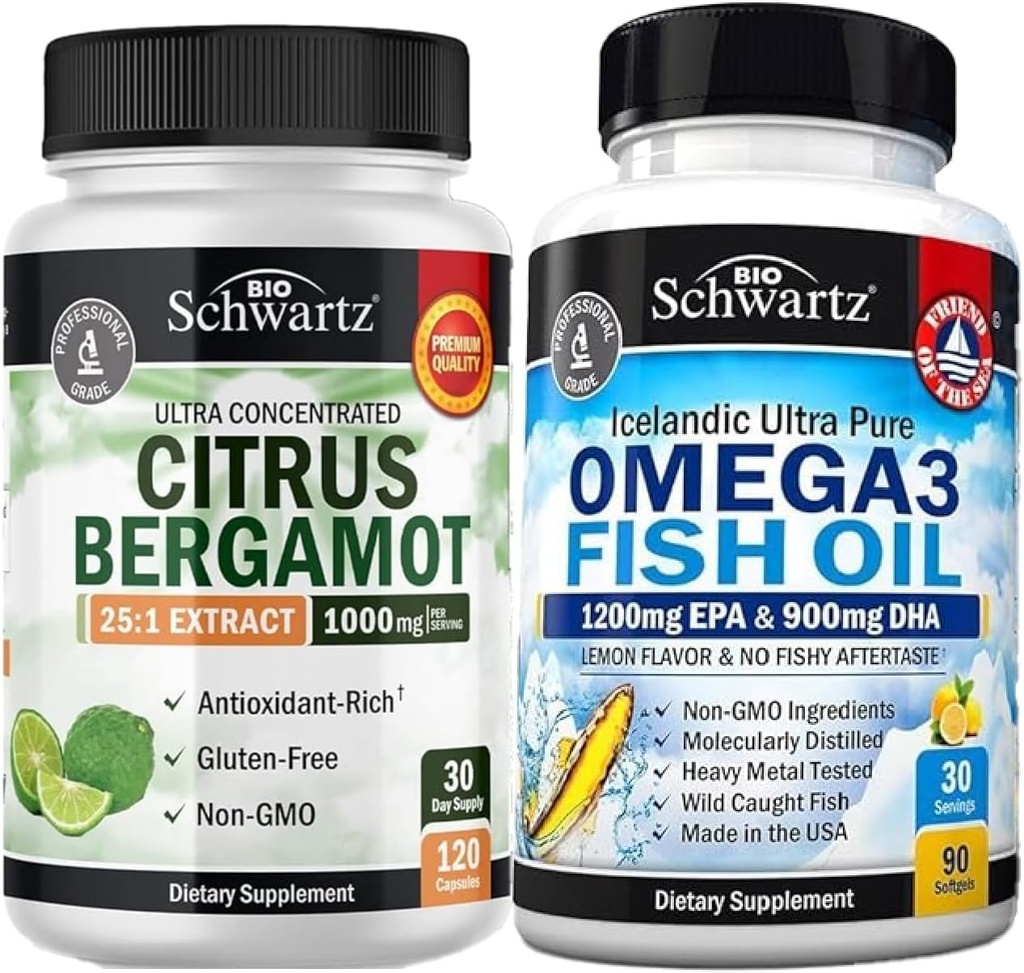 Tripla força Omega 3 óleo de peixe Softgels (1 Mês de Fornecimento) Mais 1000mg Citrus Bergamot Suplemento (1 Mês de Fornecimento)