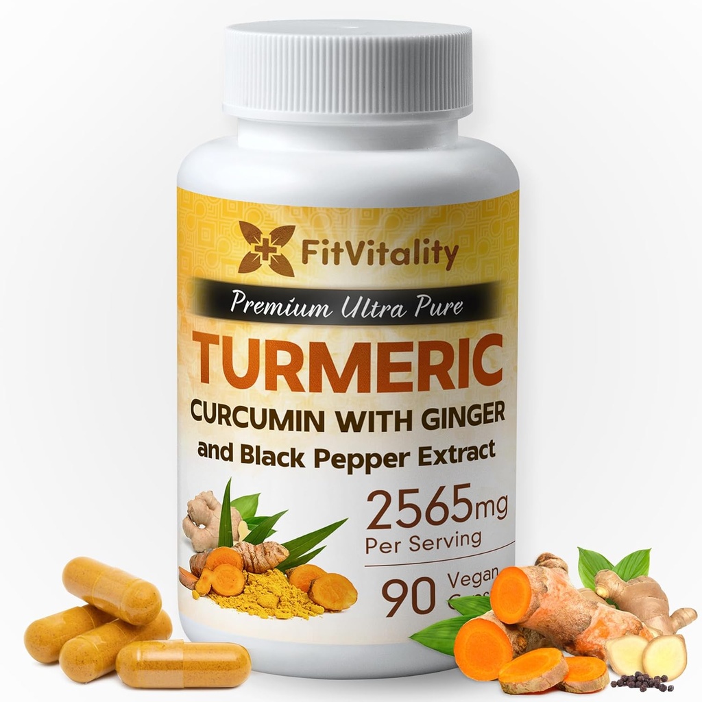 Curcumina açafrão 2565 mg, 90 Cápsulas, 95% Curcuminoides & Extrato de Pimenta Preto BioPerine, Suplemento Açafrão de força extra, Todos naturais e não - OGM, Sem glúten, Cápsulas Vegan