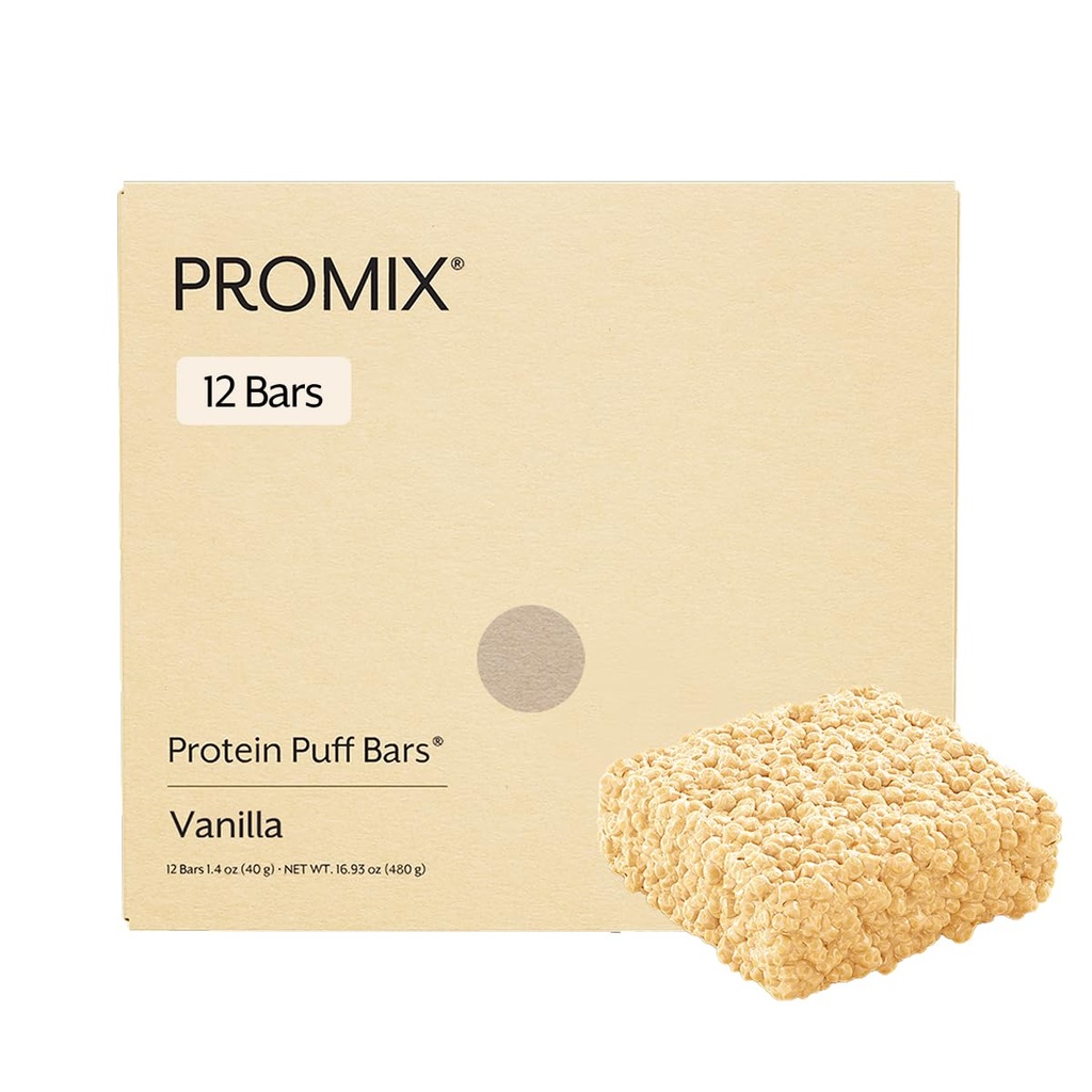 ProMix Nutrition Protein Puff Bars, 12-Pack - Baunilha Madagascar - Marshmallow Crispy Treat - Grande Degustação e Saudável no Lanche Go - Alta Proteína e Baixa Caloria - Não-GMO e Livre de Gluten, Soy, & Corn.