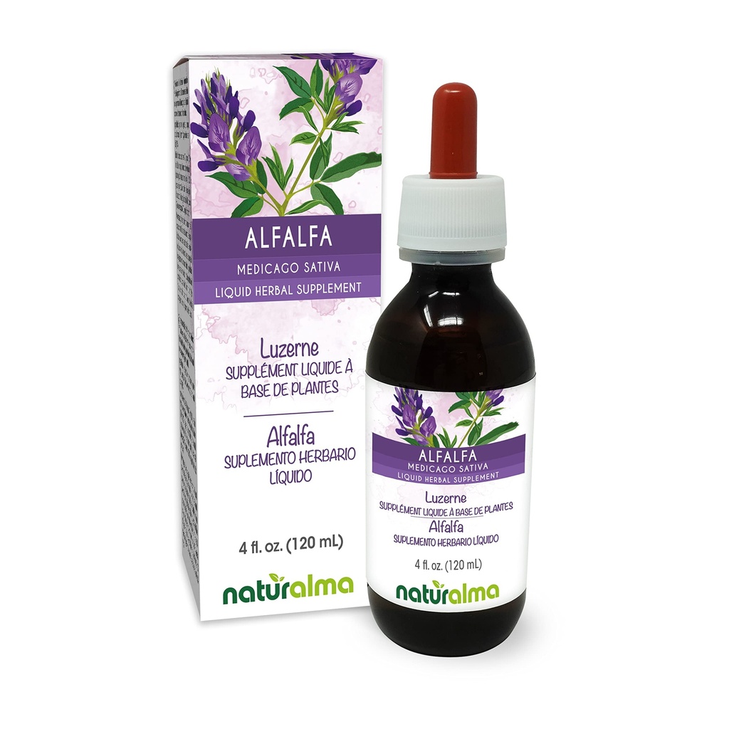 Naturalma Alfalfa ou Lucerna (Medicago Sativa) erva com flores Tintura sem álcool - Rico em Clorofila Natural - 4 fl oz extrato líquido em gotas - Suplemento de ervas - Vegan