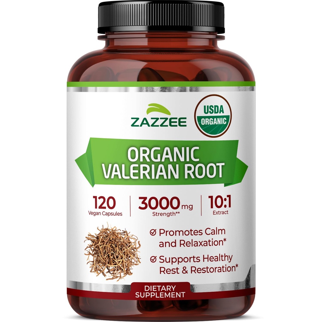 Zazzee USDA Organic Valerian Root 10:1 Extract, 3000 mg Força, 120 cápsulas Vegan, Fornecimento de 4 meses, Valeriana officinalis, 10X Potência, 100% vegetariana, All-Natural, Não-GMO, Made in the USA