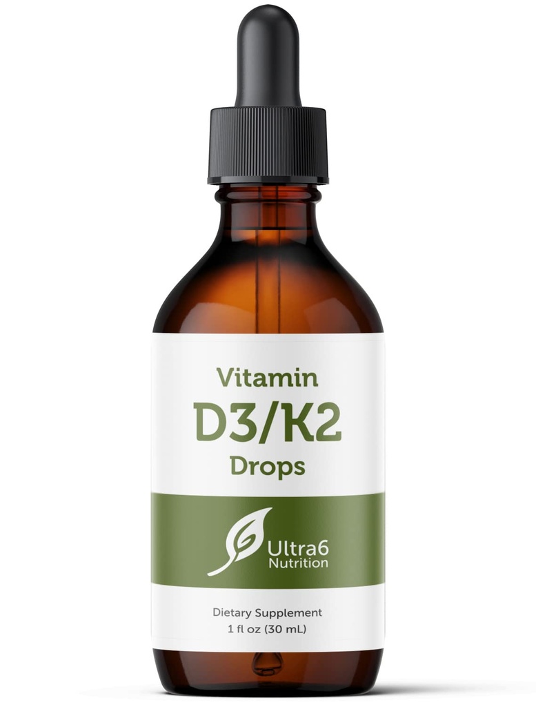 Ultra6 Nutrition Vitamina D e K2 Drops - Vitamina D3 Líquida com Suplementos K2 para Adultos - Fácil de Tomar, Flavor-Free, Altamente Absorvível VIT D3 e K2 Suplementos, Made in USA (30 ml)