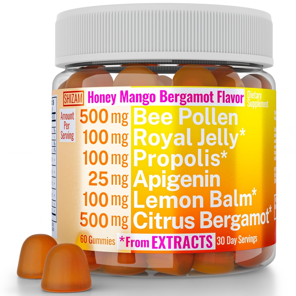 Bee Pollen Apigenin Citrus Bergamot Gummies w Organic Propolis Royal Jelly Honey Lemon Balm Extract, Suplemento para Homens Crianças, gotas de tintura Pó Cápsulas de Herb Suplementos Alt, Pollan Polen