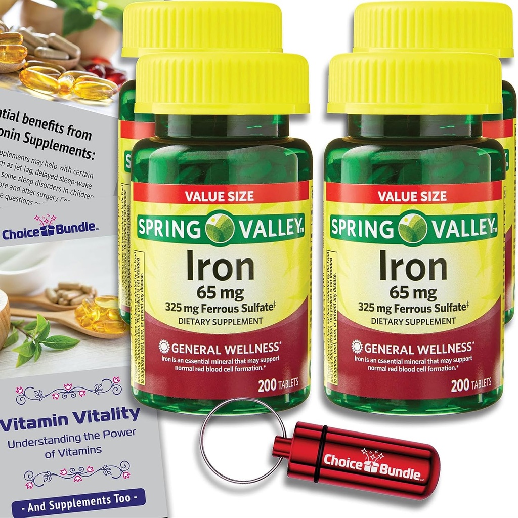 Comprimidos de Ferro do Vale da Primavera Suplemento dietético Tamanho 65 mg 200 CT 4 Pk Choice Bundle (800 Total) + Vitamina Vitality Guide & Pill Container (6 itens)!