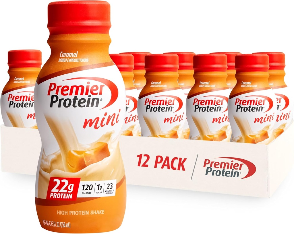 Premier Protein Shake MINIS, Caramel, 22g Proteína, 120 calorias, 1g Açúcar, 8,75fl oz, Embalagem de 12