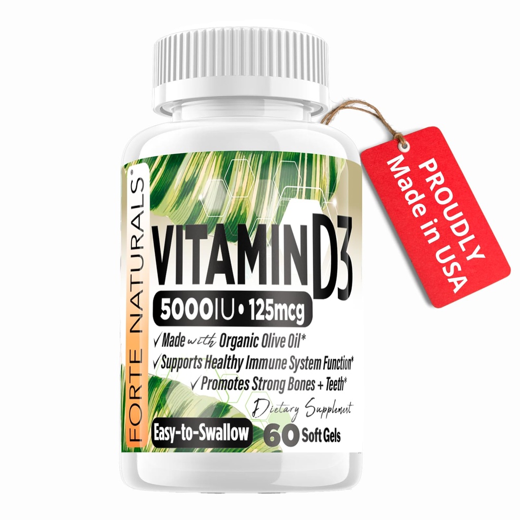 Vitamina D3 5000 UI Suplemento 125 mcg Geles macios especialmente para estômagos sensíveis Suplementos com azeite orgânico Melhor Suplemento Vitamina D3 para mulheres e homens Made in USA