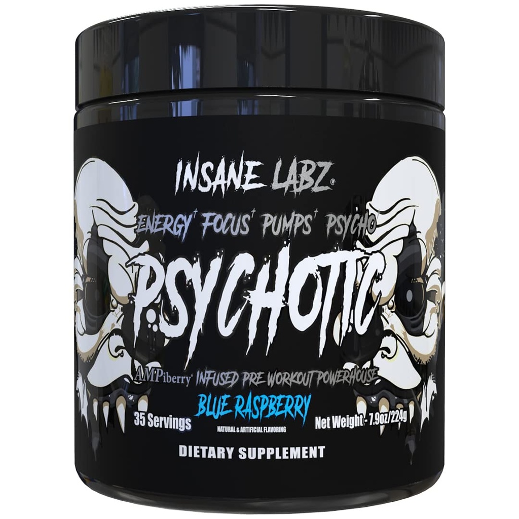Psicótica Labz Psychotic Black Edition Mid Stimulant Pré-treino Pó, Bombas de Foco Energético, Carregado com Creatina Beta Alanine Taurine Abastecido por AMPiberry, 35 Servings (Framborra Azul)