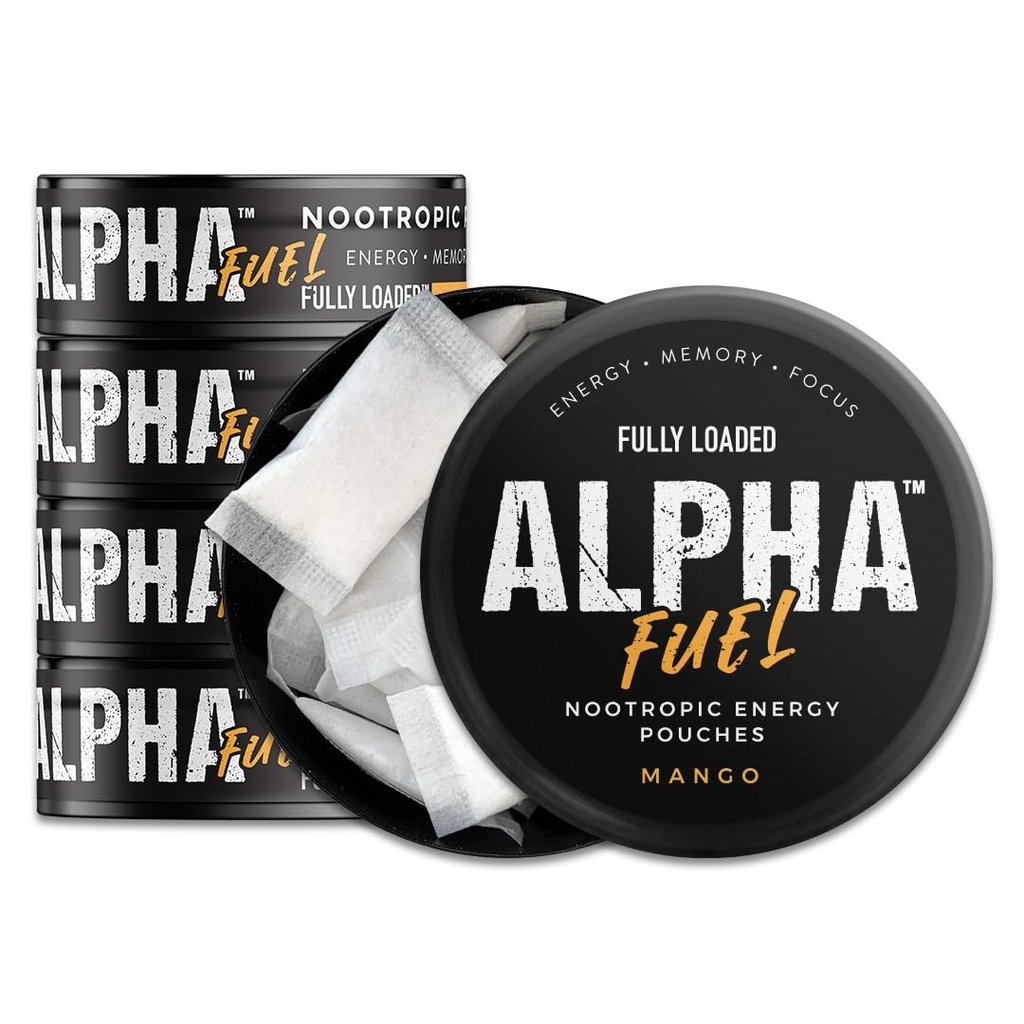 Combustível Alfa totalmente carregado Pouches Nootropic (Mango Fuel) - 5 latas, 15 Pouches por lata - Energy Pouches contendo Cafeína e mistura nootropic