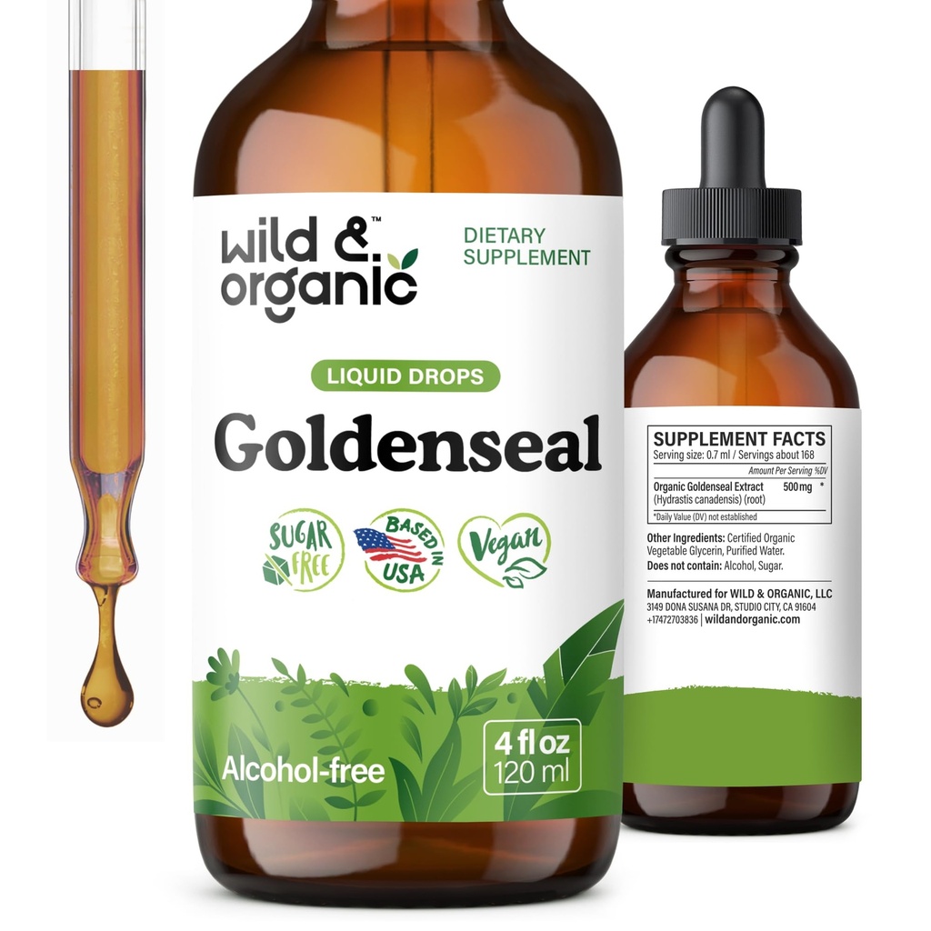 Selvagem & orgânica Goldenseal Tintura - Lung & Digestive Support - Goldenseal Raiz Extrair gotas líquidas - Vegan, Açúcar & Álcool-Free Herb Suplemento - 4 fl oz