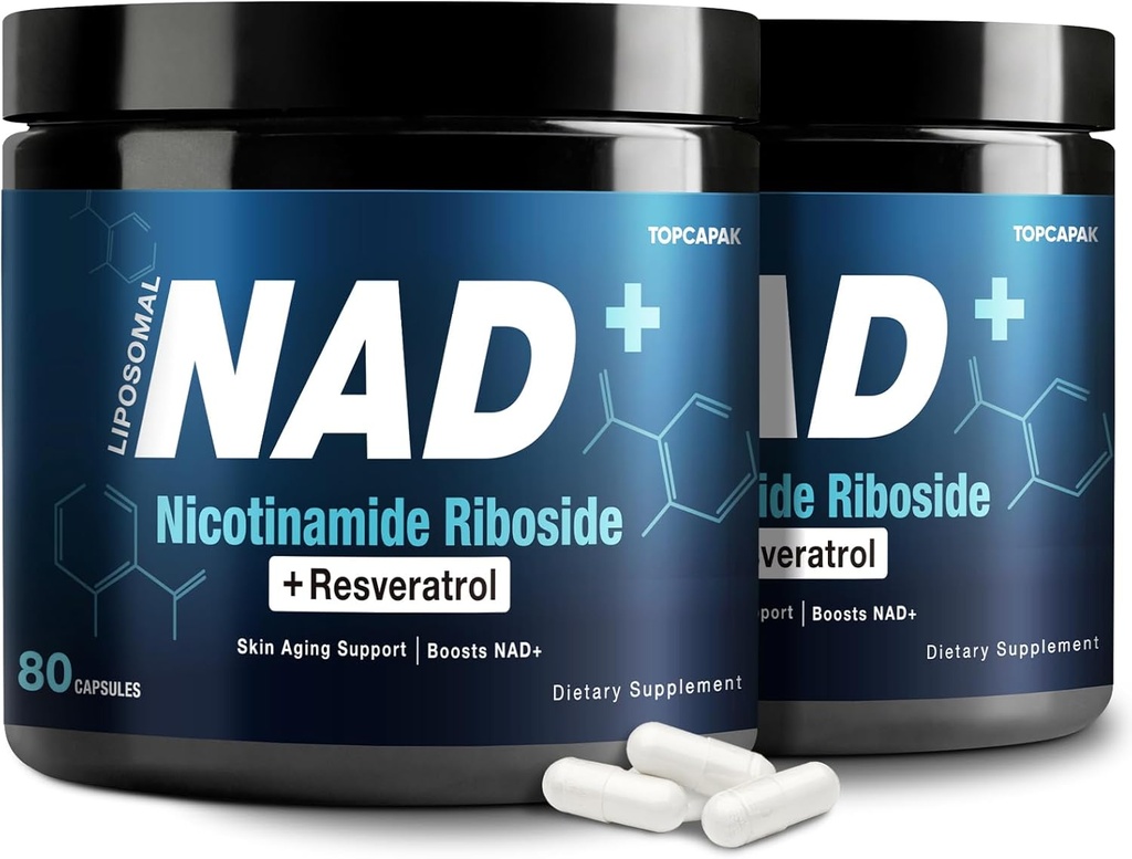 NAD+ Suplemento 1000mg - Nicotinamida Ribosido (NR) e Resveratrol, NAD lipossomal de Ingredientes Orgânicos Puros para Mulheres & Homens Envelhecimento Saudável, Cérebro e Energia Celular, 80 Cápsulas(2Pcs)