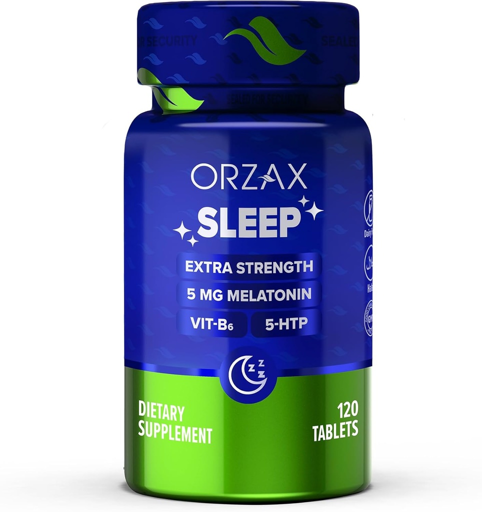 Sono ORZAX - Melatonina 5 mg, Vitamina B6 e 5-HTP Suplemento - Vitaminas de sono repousantes para adultos (120 comprimidos)