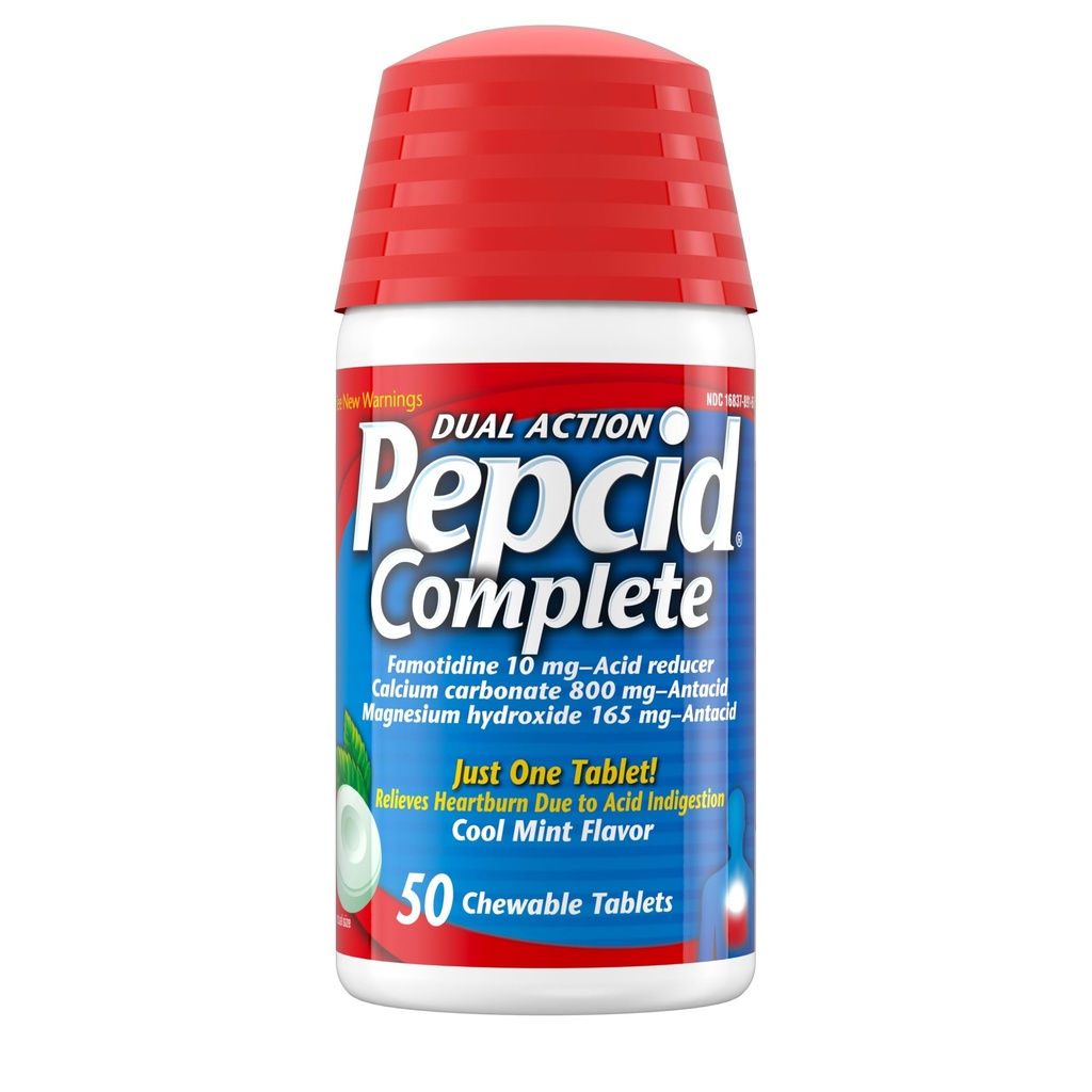 Redutor de Ácido Completo Pepcid + Antiácido para Reflux Ácido, 10mg Famotidina, 800mg Carbonato de Cálcio e 165mg Hidroxido de Magnésio por Medicina da Azia Tablet, Antiácido Chews, Menta, 50ct