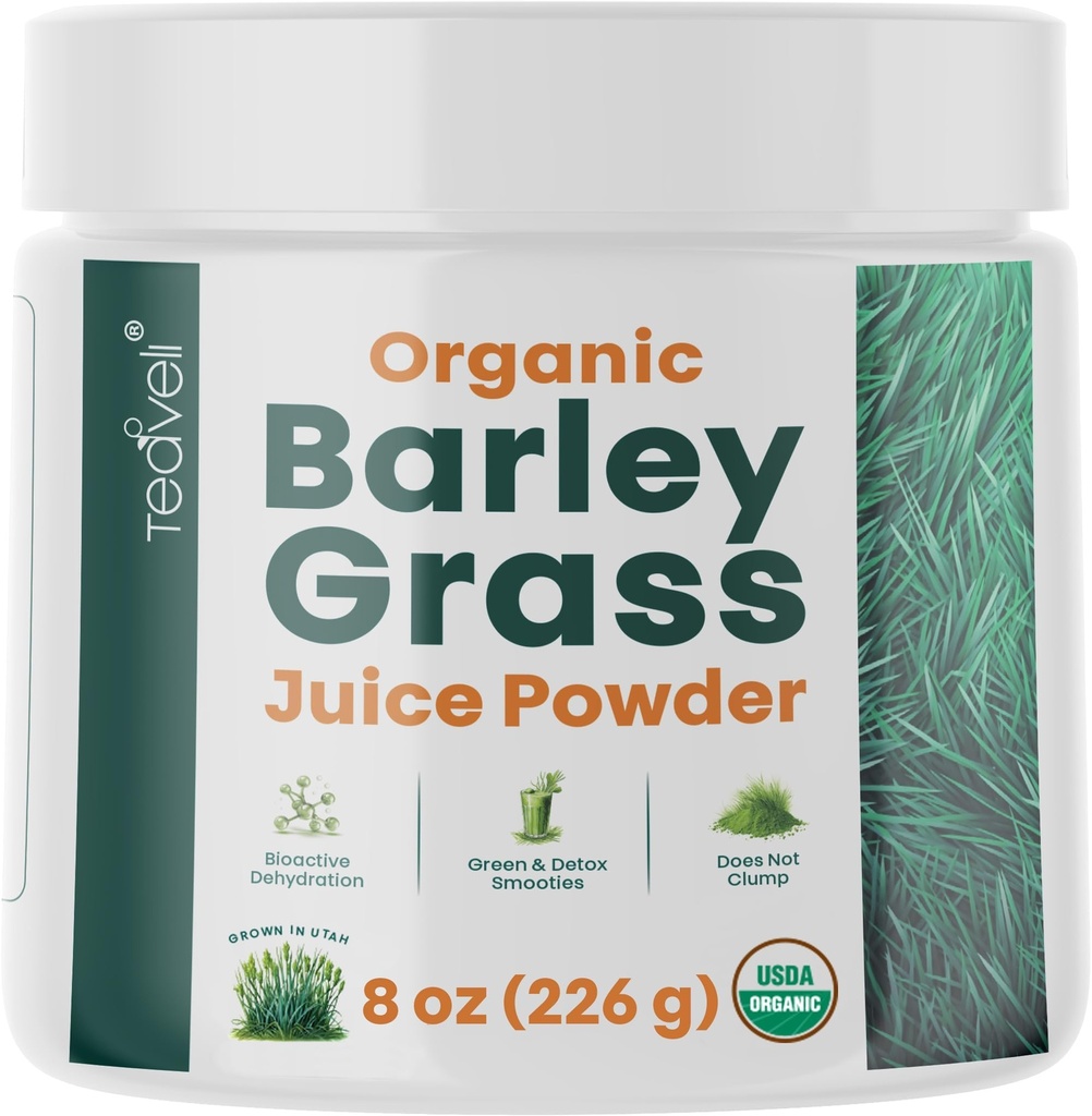 Suco de grama de Cevada Orgânica Teaveli em pó – cru, Utah extrato de suco de grama de Cevada cultivada para detox- Complementos Juice de Wheatgrass- Made in USA without Gluten, Aditives or Conservatives- 8 oz (226 gramas)