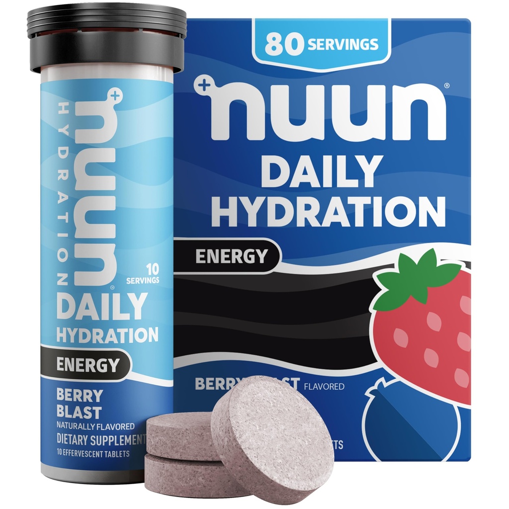 Nuun Energy Electrolyte Tablets com Ginseng, Cafeína de Extrato de Chá Verde, Vitamina B12, B6, B5, Magnésio e 4 Outros Eletrolitos, Glúten Livre & Vegan, Berry Blast, 8 Pack (80 Servings Total)