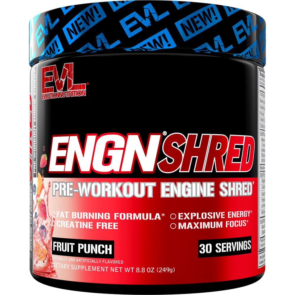 EVL Ultimate Pre Workout Powder - Suporte termogênico de queima de gordura pré-treino de bebida em pó para o foco de energia duradoura e resistência - ENGN Shred Intense Creatine Free Preworkout Drink Mix - Fruit Punch