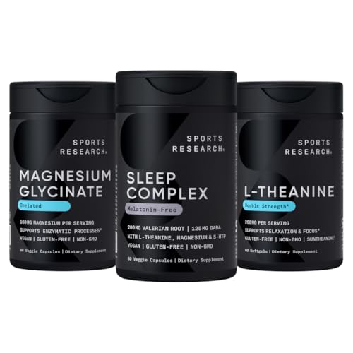 Esportes Pesquisa Dupla Força L-Theanina Suplemento Softgels para Foco & Relaxação, Glicenato de magnésio para sono repousante & Processos Enzimáticos + Complexo de sono Melatonina-Free Vegan Cápsulas