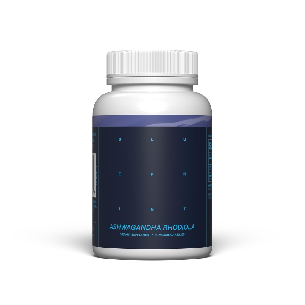 Blueprint Bryan Johnson Ashwagandha & Rhodiola Suplemento – 120mg Ashwagandha + Rhodiola Root – Cápsulas de Adaptogen diário para suporte ao estresse, Equilíbrio de humor, Energia e Foco – 30 Cápsulas Vegan