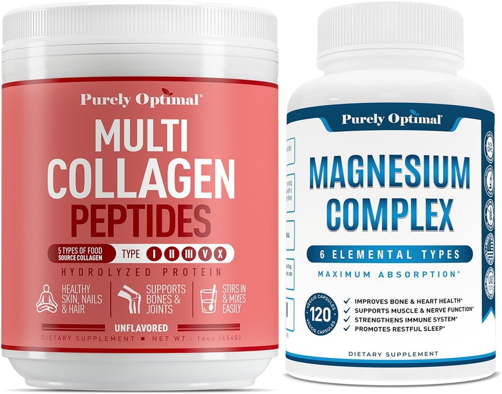 Puramente Optimal Pó de Multi Colágeno Premium + Complexo de Magnésio Premium - Citrato de Magnésio, Malato, Relaxamento muscular - 120 cápsulas